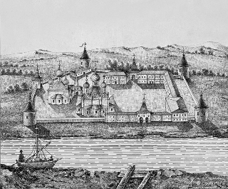 Ипатьевский монастырь на реке Костроме. Литография И. Литвинова (со старинного рисунка) 1901 года.